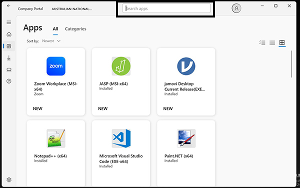 Screen soht of Company Portal